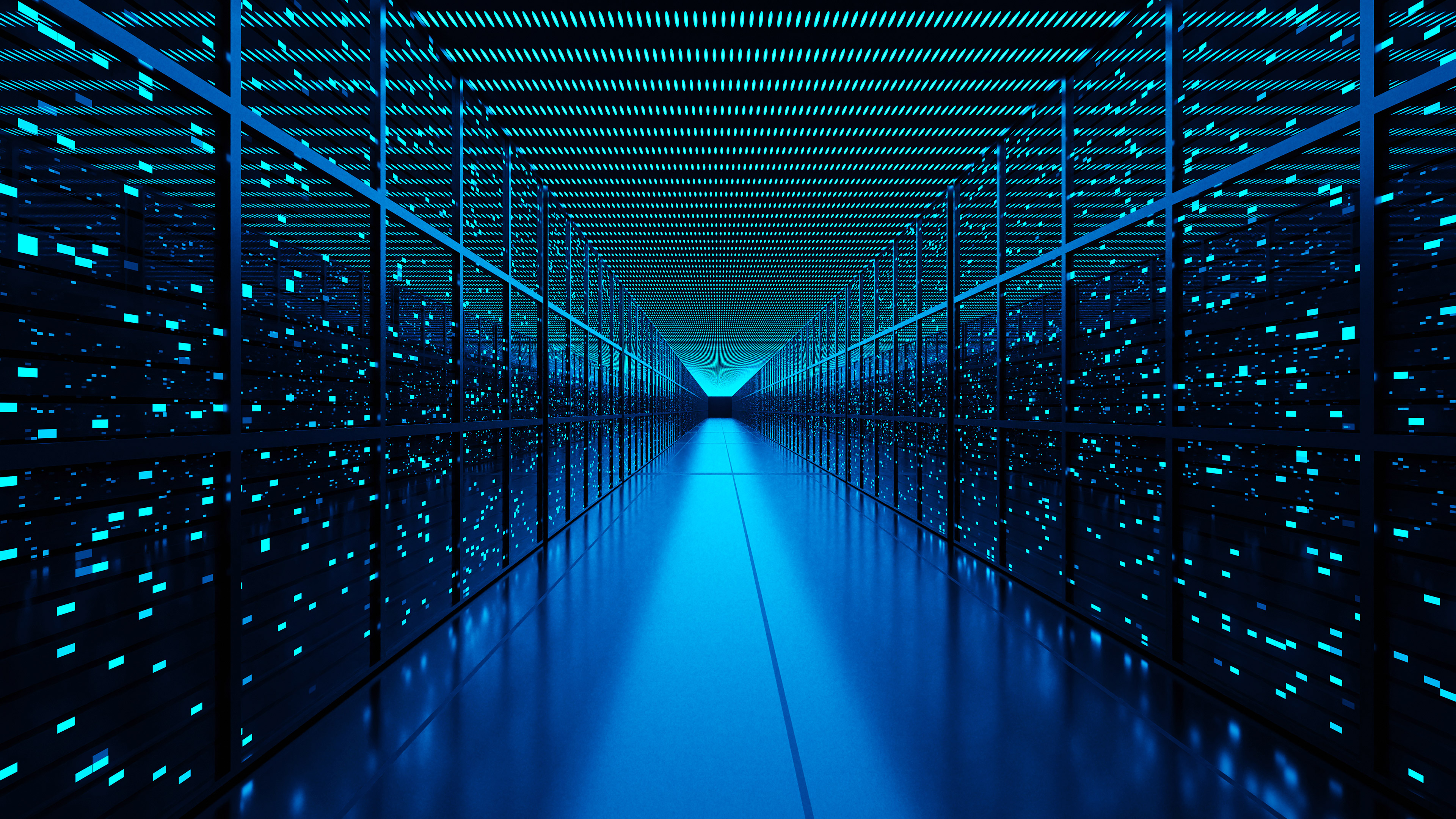 A long corridor with a sleek black floor, glowing green lights in the ceiling and rows of LEDS on either wall