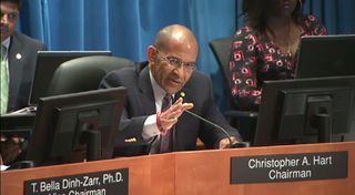 National Transportation Safety Board chairman Christopher Hart asks questions into the Virgin Galactic SpaceShipTwo crash of Oct. 31, 2015 during a hearing on July 28, 2015. Co-pilot error was cited as the probable cause.
