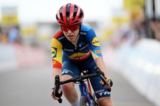 CHAMPAGNE SWITZERLAND JUNE 17 Amanda Spratt of Australia and Team LidlTrek crosses the finish line during the 4th Tour de Suisse Women 2024 Stage 3 a 1256km stage from Vevey to Champagne UCIWWT on June 17 2024 in Champagne Switzerland Photo by Tim de WaeleGetty Images