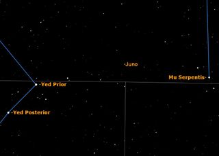 A rare opportunity to spot the asteroid Juno at magnitude 9.8 on May 20, 2012.