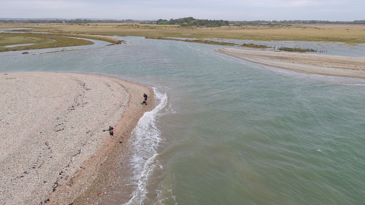 Aerial views of the South Coast of the UK on a cloudy day from a drone