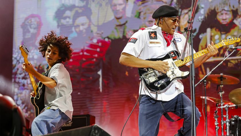 Tom Morello (R) and his son Roman Morello (L) perform at Main Stage during the Exit Festival 2024 Day Five at Petrovaradin Fortress on July 14, 2024 in Novi Sad, Serbia 