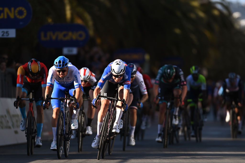 SAN BENEDETTO DEL TRONTO ITALY MARCH 12 LR Dylan Groenewegen of The Netherlands and Team Jayco AlUla and Jasper Philipsen of Belgium and Team AlpecinDeceuninck sprint at finish line during the 58th TirrenoAdriatico 2023 Stage 7 a 154km stage from San Benedetto del Tronto to San Benedetto del Tronto UCIWT TirrenoAdriatico on March 12 2023 in San Benedetto del Tronto Italy Photo by Tim de WaeleGetty Images