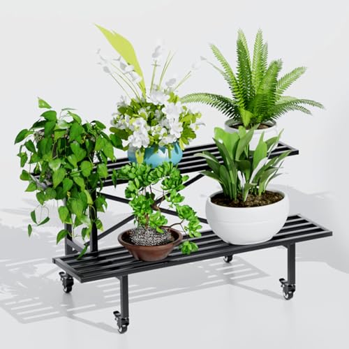 Zhongma 2 Tier Sturdy Metal Plant Stand With Wheels, L35.43 X W17.5 X H16.14 Inch, Heavy Duty Plant Holder for Home Indoor and Outdoor,440 Lbs Capacity &amp;amp; Heavy Duty Construction