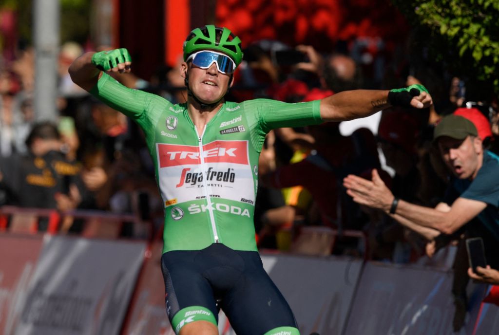TOPSHOT Team Treks Danish rider Mads Pedersen celebrates as he crosses the finish line in first place during the 19th stage of the 2022 La Vuelta cycling tour of Spain a 1383 km race from Talavera de la Reina to Talavera de la Reina on September 9 2022 Photo by Oscar DEL POZO CANAS AFP Photo by OSCAR DEL POZO CANASAFP via Getty Images