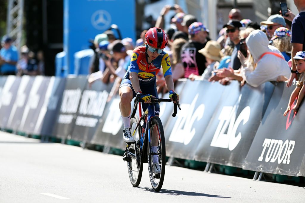 GEELONG AUSTRALIA FEBRUARY 01 Amanda Spratt of Australia and Team Lidl Trek crosses the finish line during the 9th Cadel Evans Great Ocean Road Race 2025 Womens Elite a 1418km one day race from Geelong to Geelong UCIWWT on February 01 2025 in Geelong Australia Photo by Dario BelingheriGetty Images