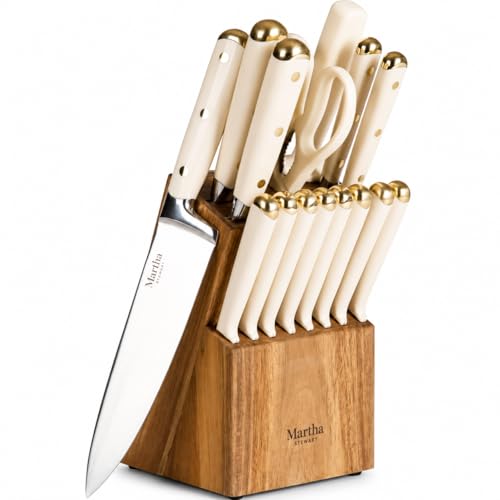 Martha Stewart Knife Block Set 16-Piece - Lockton High Carbon Stainless Steel Forged Full Tang Chef Knives, Acacia Wood Block, Triple Riveted Handles, Linen White &amp;amp; Gold