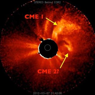 A wave of solar plasma and charged particles, called a coronal mass ejection, were triggered by the strong X-class flares on March 6, 2012. This image, from NASA's sun-watching Solar Terrestrial Relations Observatory (or Stereo) spacecraft also shows a po