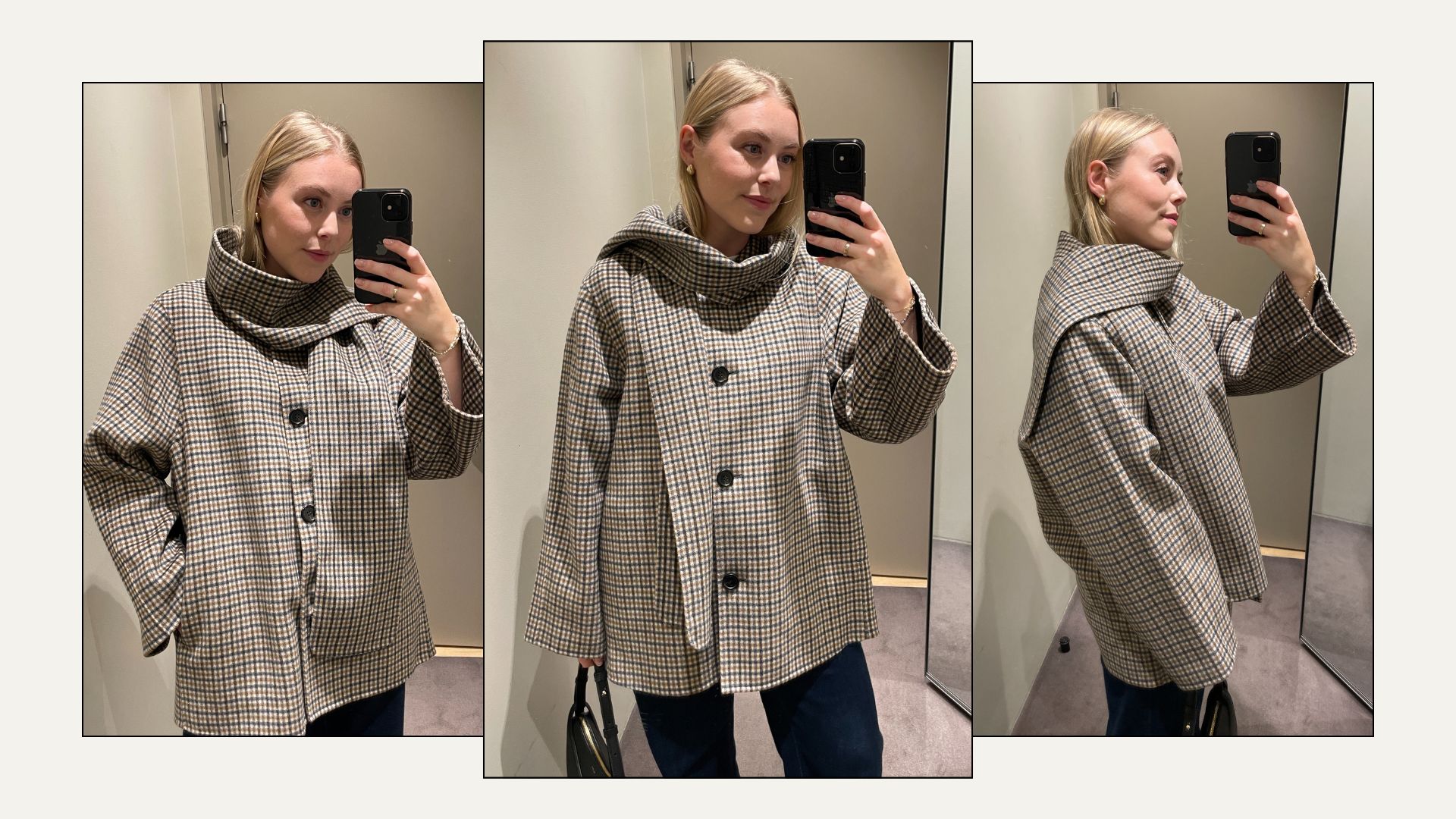 Woman wears check scarf jacket and blue jeans