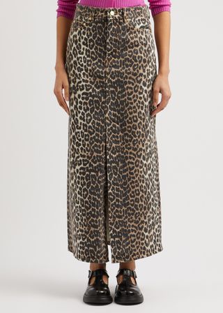 Leopard-Print Stretch-Denim Maxi Skirt