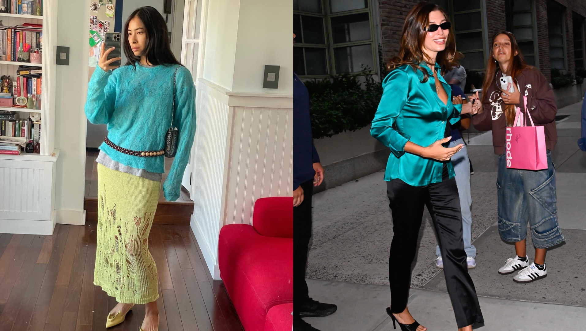 Michelle Li and Hailey Bieber in teal looks.