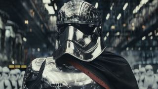 Captain Phasma with stormtroopers behind her in Star Destroyer hangar