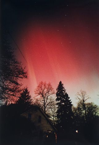 Photograph of the aurora of March 13, 1989, taken from Sea Cliff, NY, by Ken Spencer. The view is looking roughly northeast.