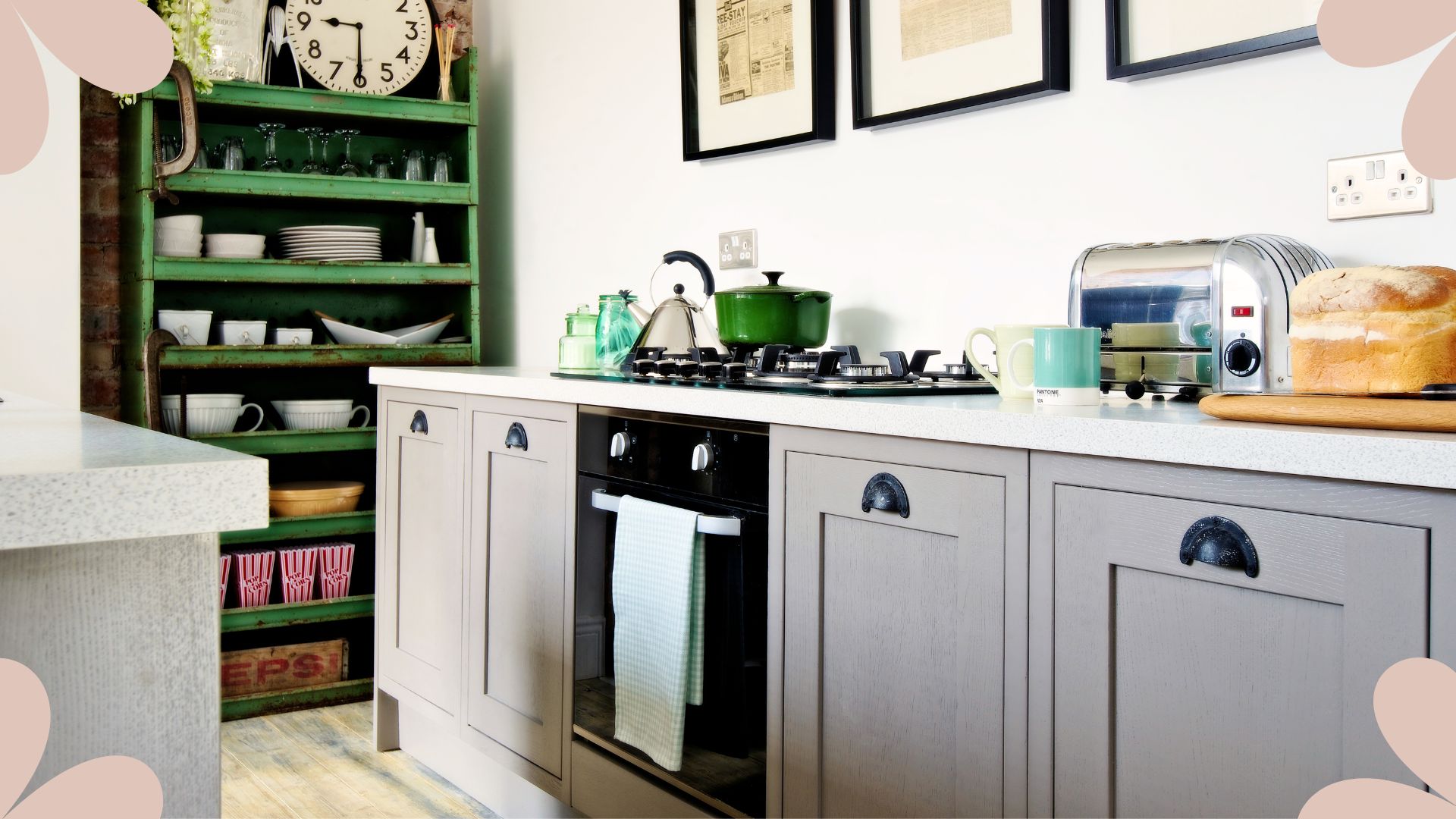 picture of modern kitchen with tea towel and mugs visible
