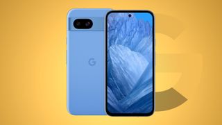 Google Pixel 8a in Blue on yellow gradient background