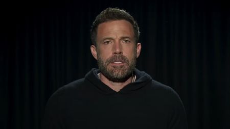 Ben Affleck in Clerks III, close up, and wearing a black hoodie