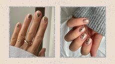Two hands pictures with simple Christmas nail designs created by nail artist @gel.bymegan, the first features green leaves and then second, a gold speckled design/ in a cream and silver glitter two-picture template