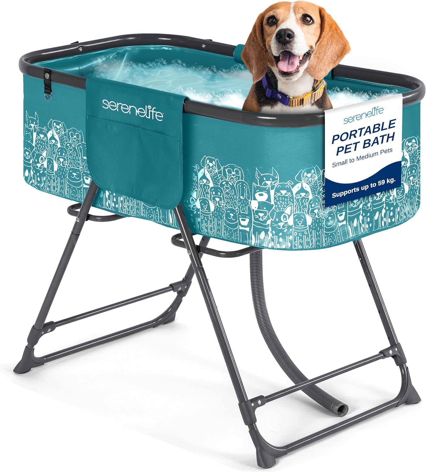 Serenelife Portable Dog Bath Tub, Foldable Grooming Dog Washing Station, Large Puppy Bath With Adjustable Height, Drain Hose &amp;amp; Storage Pockets, 59kg Capacity for Indoor/outdoor Use (blue)