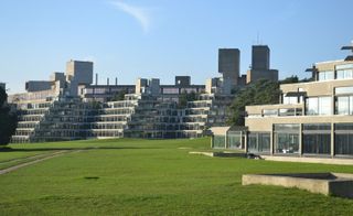 Two buildings with a maintained grass