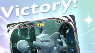 Pokemon TCG Pocket screenshot showing a victory screen with a Mewtwo EX card