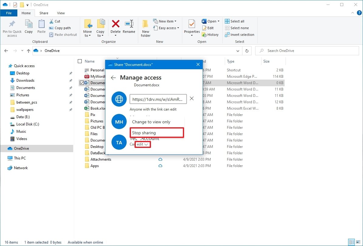 OneDrive stop sharing option