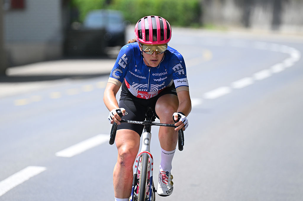 KUSSNACHT, SWITZERLAND - JUNE 14: Kristen Faulkner of The United States and Team EF Education-Oatly competes in the breakaway during the 5th Tour de Suisse Women 2025, Stage 3 a 123.1km stage from Oberkirch to Kussnacht / #UCIWWT / on June 14, 2025 in Kussnacht, Switzerland. (Photo by Tim de Waele/Getty Images)