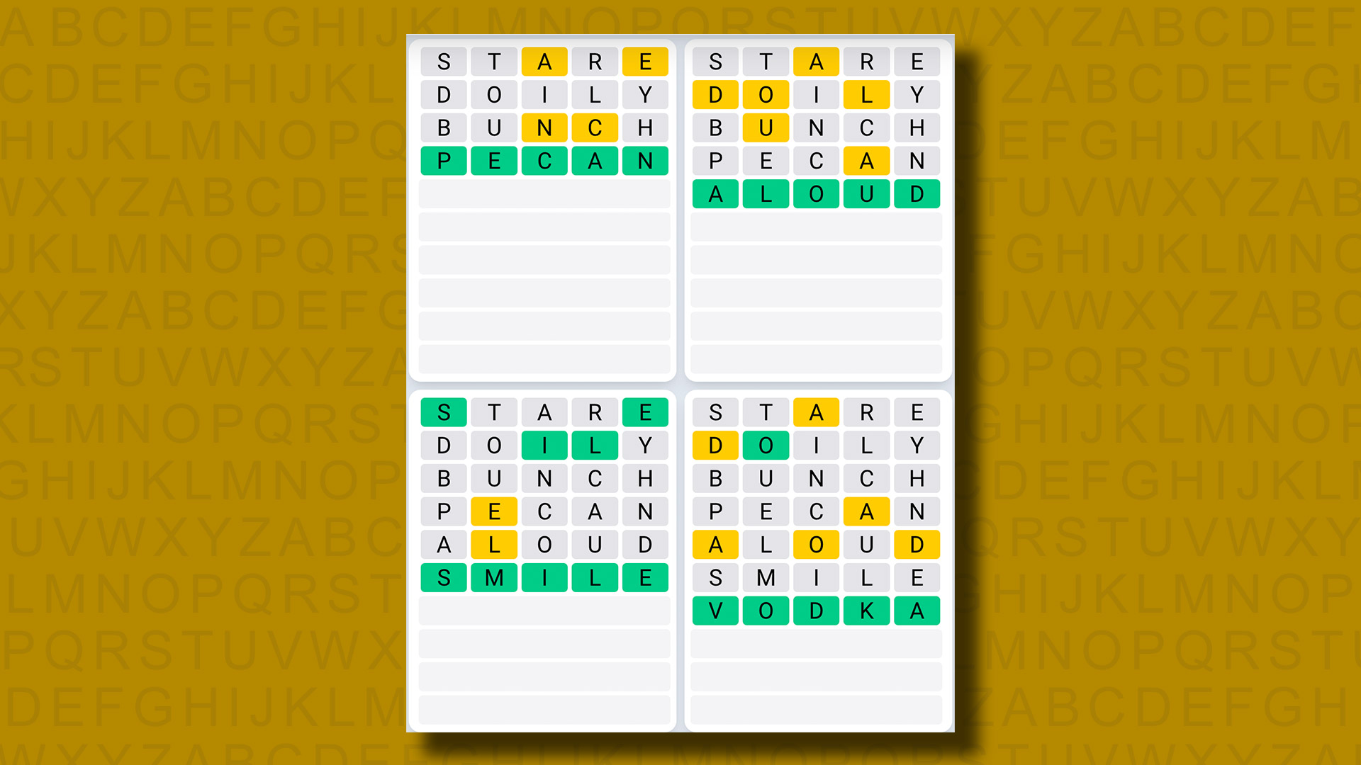 Quordle Daily Sequence Answers for Game 901 on a Yellow Background