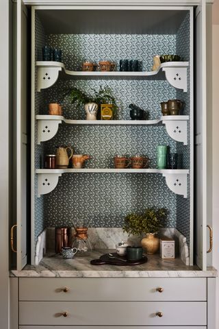 small kitchen pantry with wallpaper and shelves