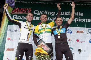 The podium (l-r): Matt Goss (2nd, Tasmania), Jack Bobridge (1st,South Australia) and Simon Gerrans (3rd,Victoria).