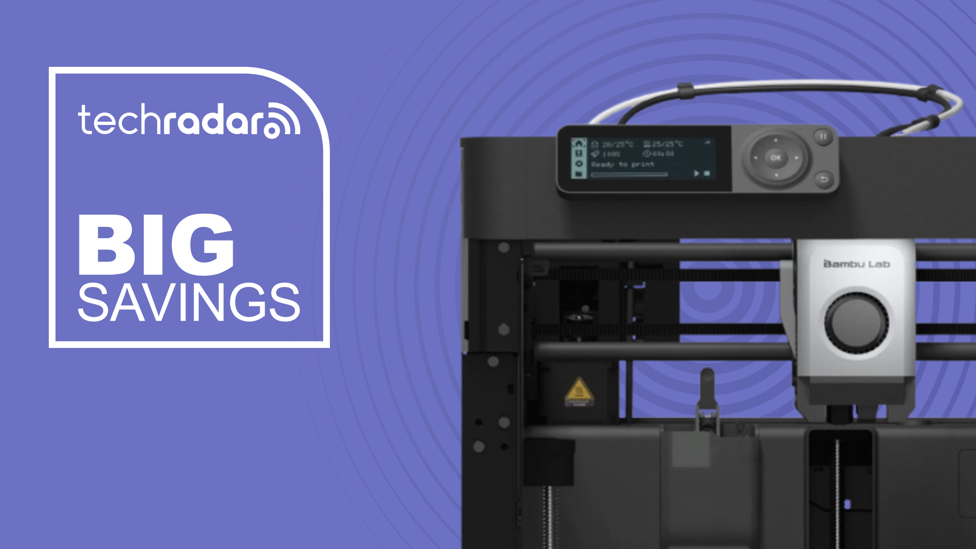 Bambu Lab P1P 3D printer on a purple background next to a TechRadar badge reading &#039;Big Savings&#039;