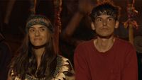 Savannah and Rizo sitting together at Tribal Council in Survivor 49. 