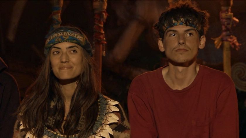 Savannah and Rizo sitting together at Tribal Council in Survivor 49. 