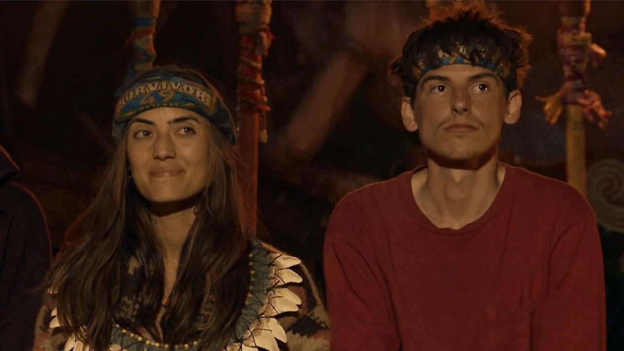Savannah and Rizo sitting together at Tribal Council in Survivor 49. 