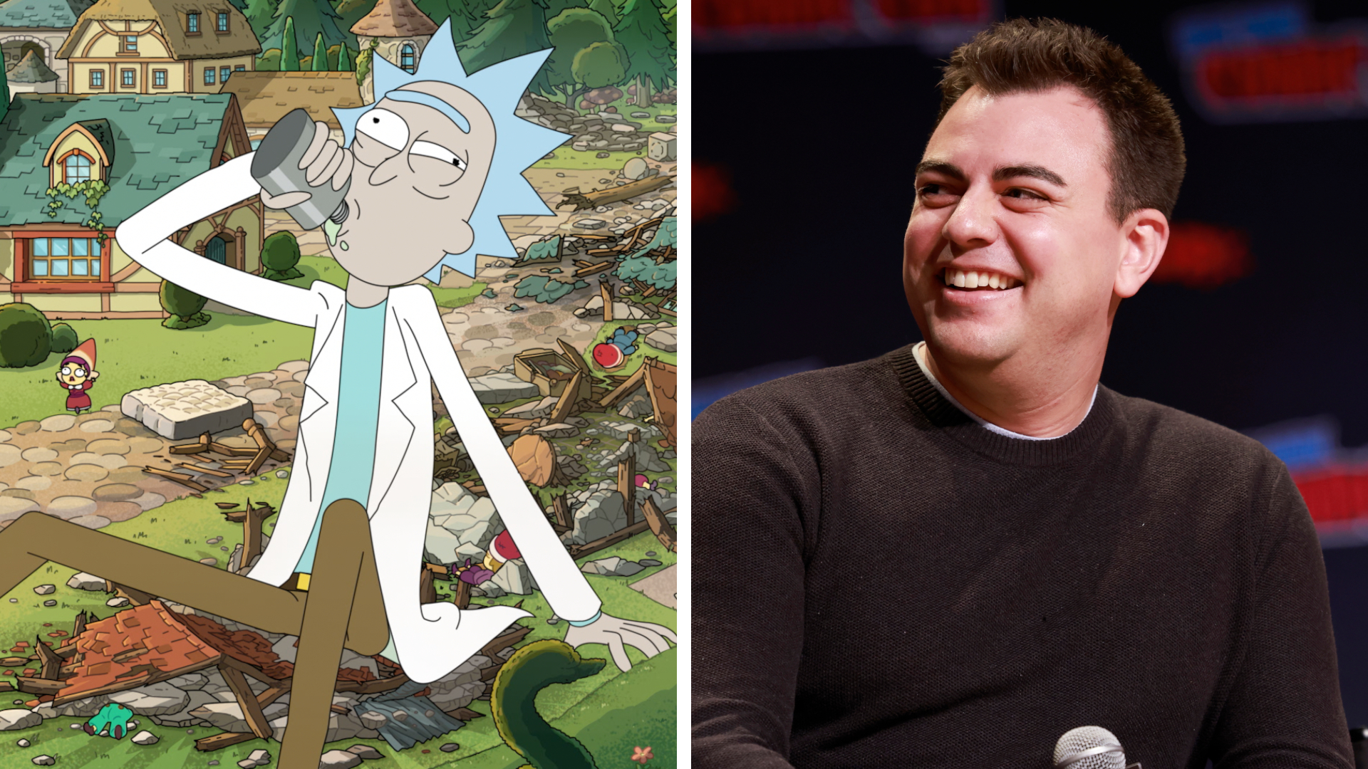 Rick Sanchez from Rick and Morty, pictured alongside his voice actor Ian Cardoni