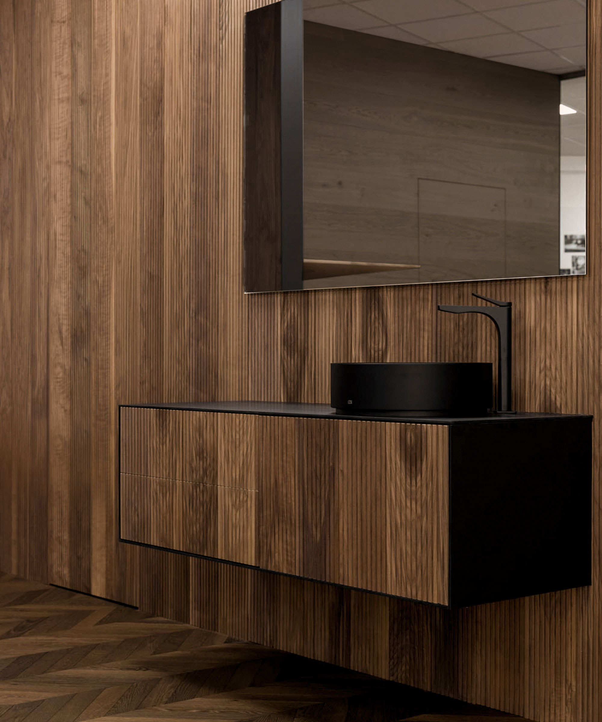 bathroom with walnut wooden flooring and wall panelling