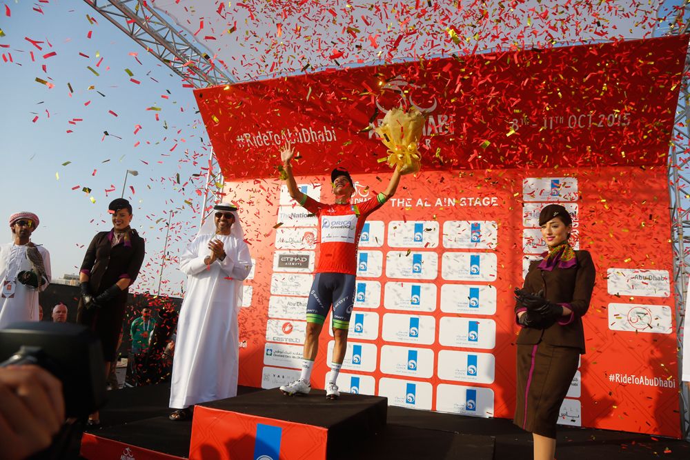 Esteban Chaves (Orica - GreenEdge) in the leader's jersey at the Abu Dhabi Tour