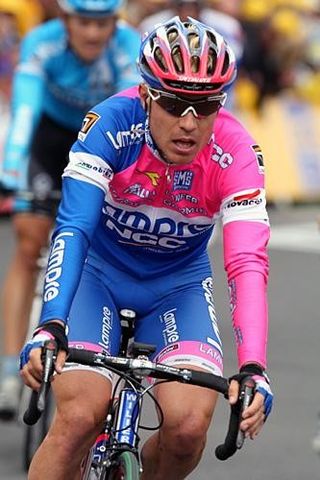 Damiano Cunego (Lampre) comes across the line in the front group.