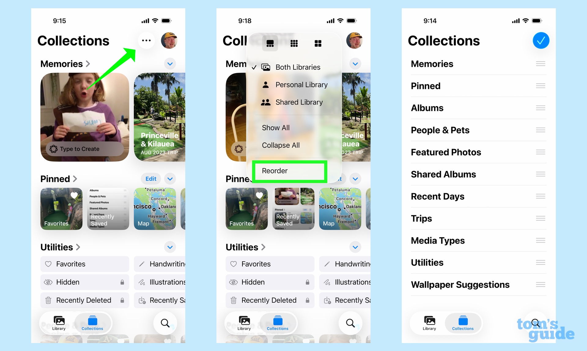 customizing layout of collections with the reorder command in More menu