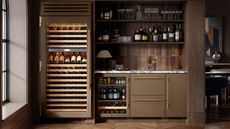 brown kitchen with wine fridge and brown tiles