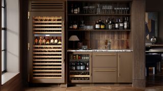 brown kitchen with wine fridge and brown tiles