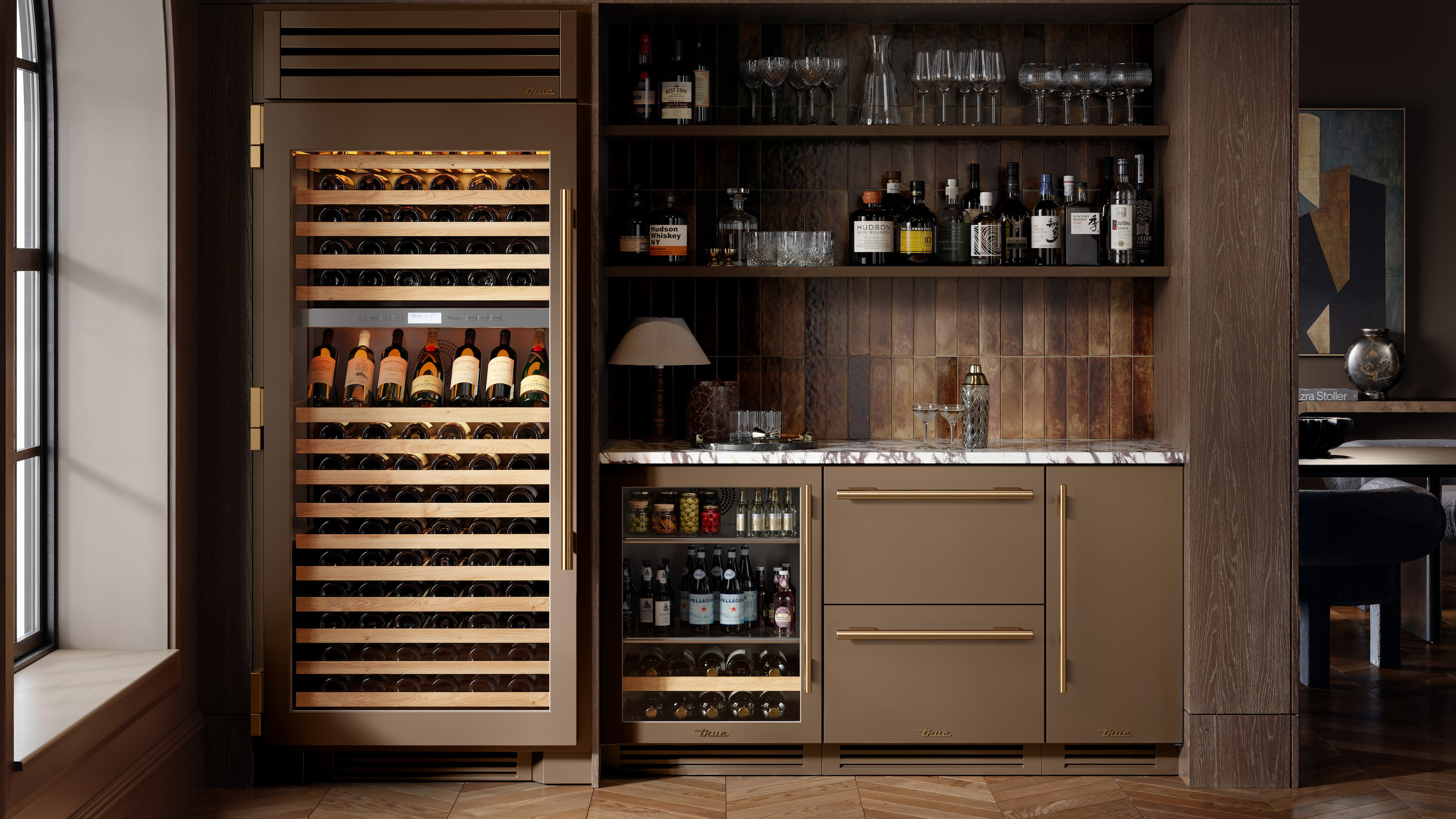 brown kitchen with wine fridge and brown tiles