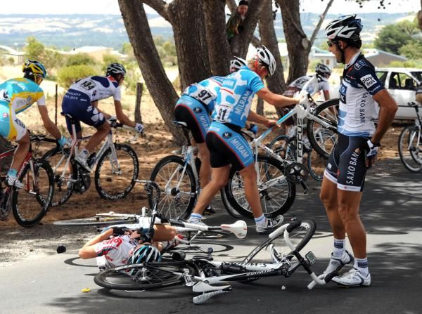 Juan Jose Haedo (Saxo Bank) surveys the chaos of a crash on stage five at the Tour Down Under