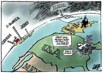 Political cartoon U.S. Trump Canada North Korea South Korea Japan Kim Jong Un trade war steel