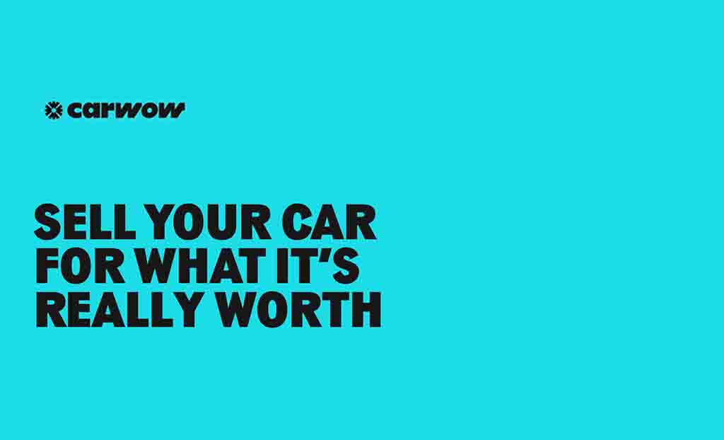 Car wow logo placed over a blue background with text saying "sell your car for what it's really worth"