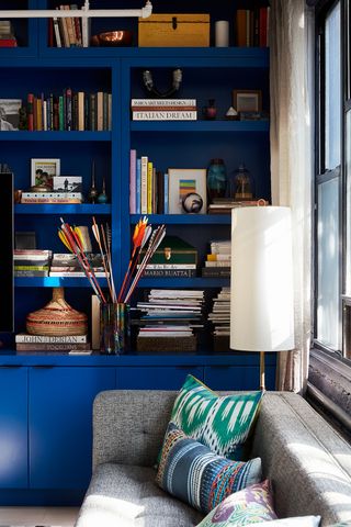 A blue toned bookshelf with paperbacks arranged as per theme