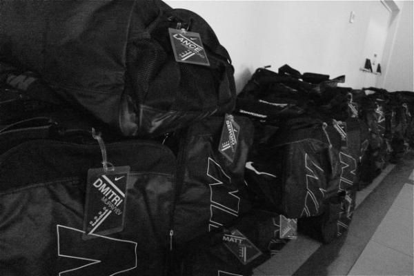With over 2000 pieces of clothing to be distributed, the team uses these individually named duffel bags to make sure each rider gets what they need