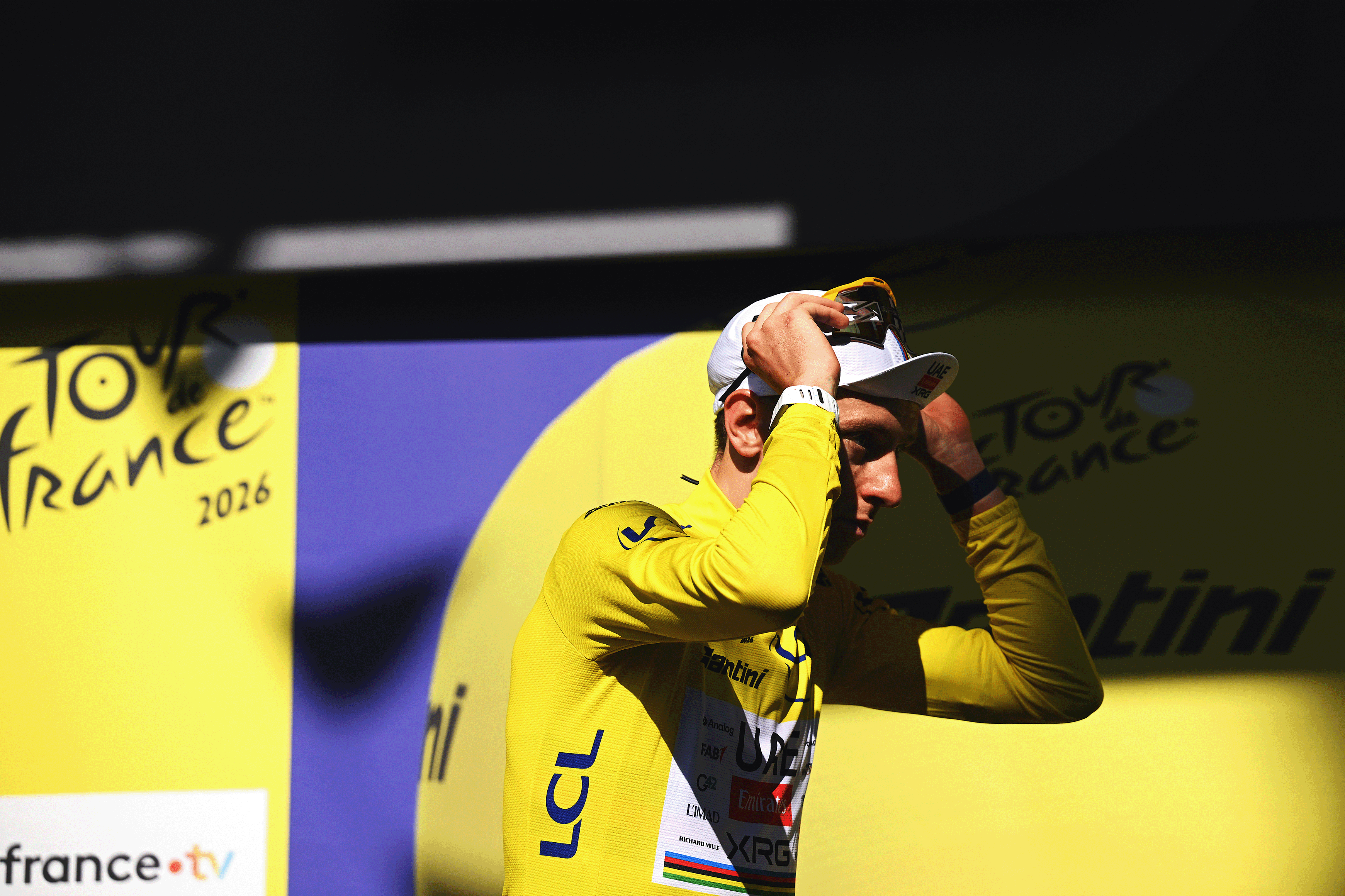 VOIRON, FRANCE - JULY 22: Tadej Pogacar of Slovenia and UAE Team Emirates - XRG celebrates at podium as Yellow Leader Jersey winner during the 113th Tour de France 2026, Stage 17 a 174.7km stage from Chambery to Voiron / #UCIWT / on July 22, 2026 in Voiron, France. (Photo by Dario Belingheri/Getty Images)