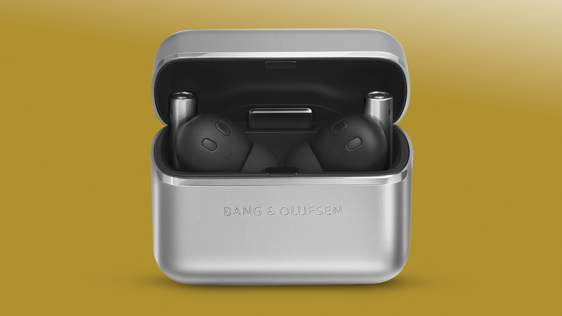 Bang &amp;amp; Olufsen Beo Grace earbuds in case on a yellow background