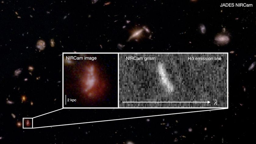 An image of many galaxies in outer space, with a zoomed-in inset on one galaxy showing a Near Infrared Camera image