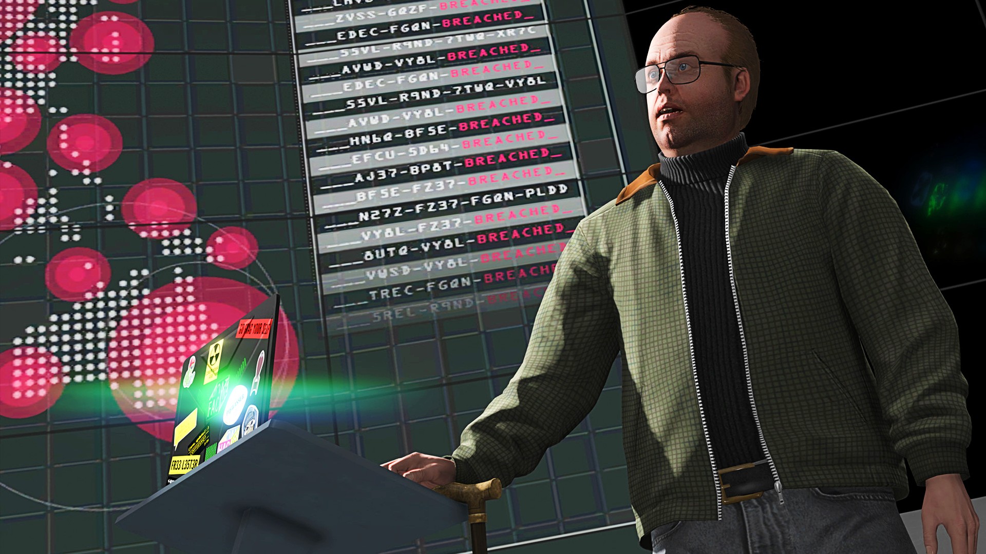 GTA Online's Lester looks shocked from behind a laptop